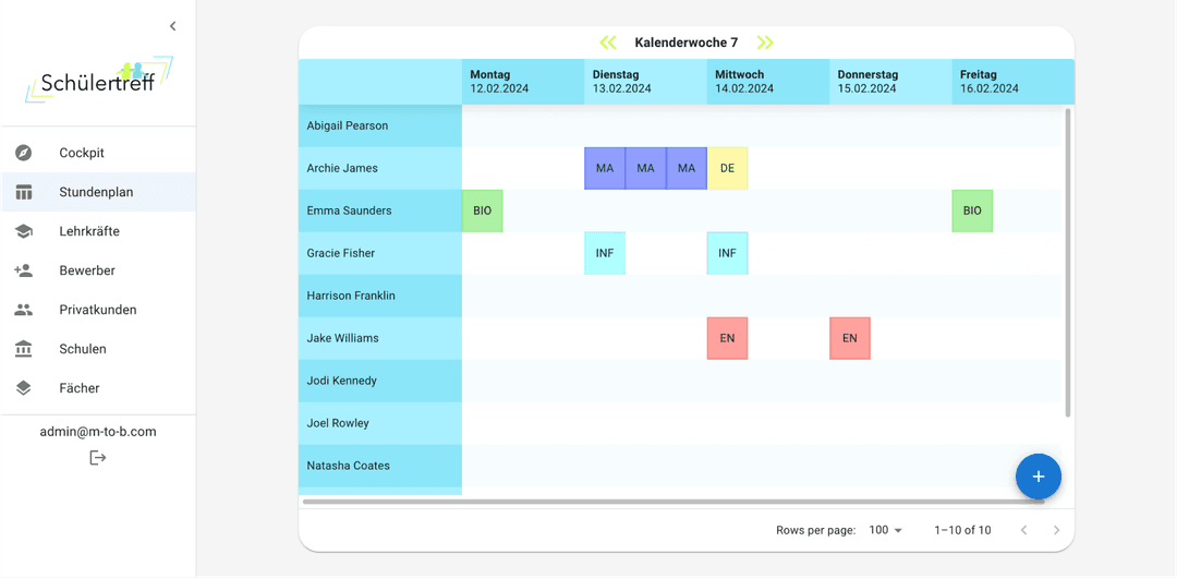 Admin view of timetable