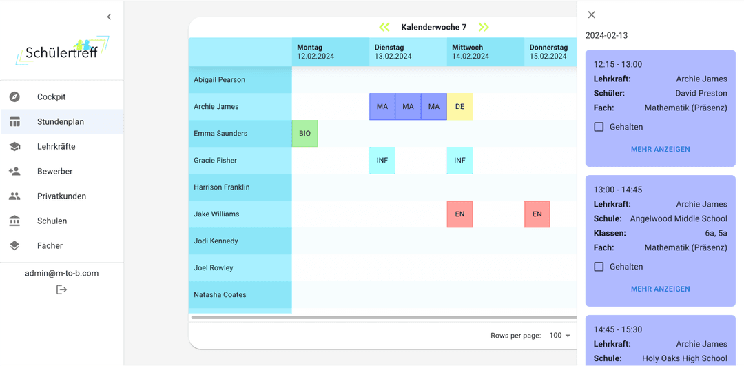 Admin view of timetable with lessons of day