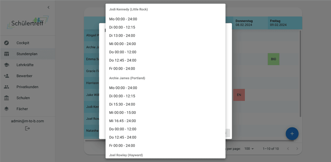 Create new lesson - Choose avaiable teachers and timeslots